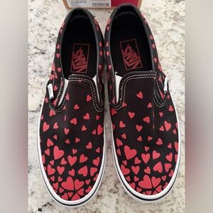 Vans Unisex Black and Red Heart Slip On Sneakers